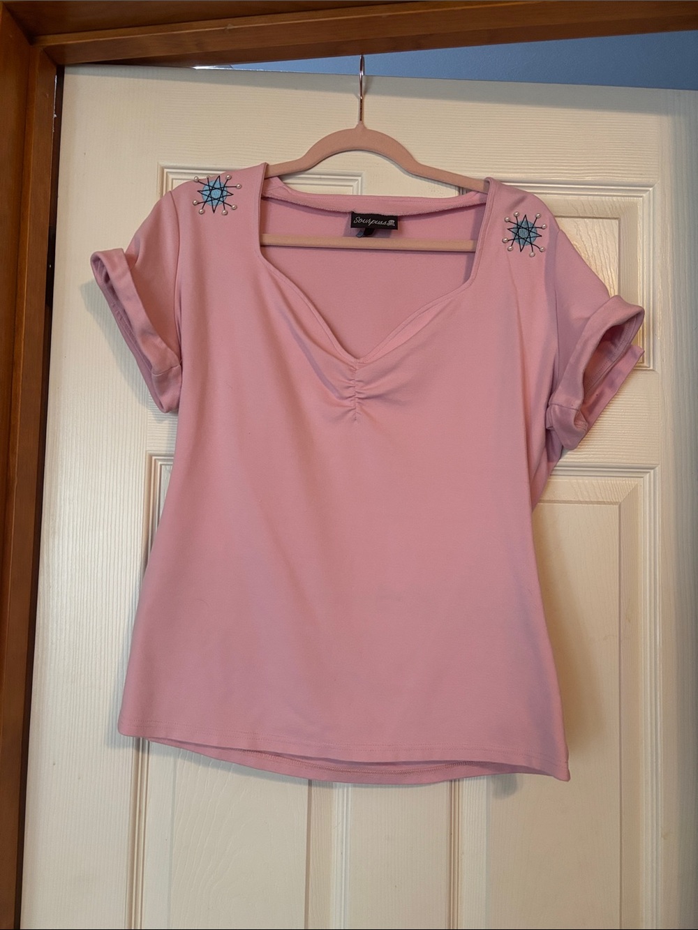 Sourpuss Pink Short Sleeve Tee with Embellished Shoulders